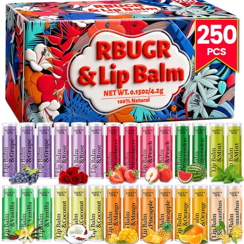 RBUGR 250 Pcs Lip Balm Bulk,12 Fruit Flavored Natural Bulk Lip Balm, Lip Balms Pack with Vitamin E, Lip Balms Gift Set Women Stocking Stuffers Party Favors, Moisturizing&Soothing(4.2g/0.15oz)
