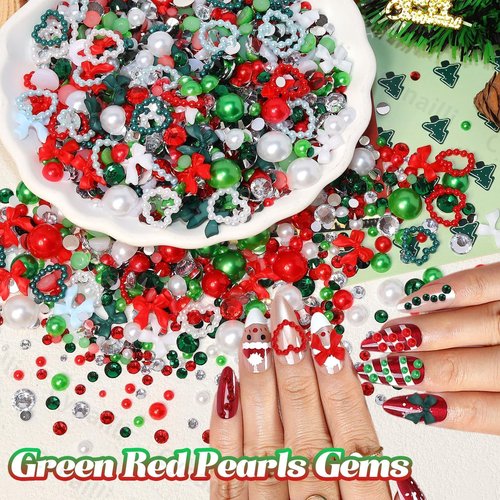 Christmas Red Green Mixed Flatback Rhinestones & Pearls, Pearl and Rhinestones for Crafting, Pearls Heart Bows Nail Charms for Christmas Craft DIY Ornaments, Tumbler Cups, Nail Art and Gift Making