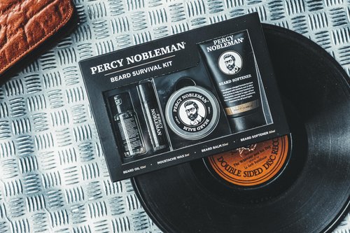 Percy Nobleman Beard Survival Kit, a Beard Grooming Kit containing a scented beard oil, beard balm, moustache wax, and a beard softener