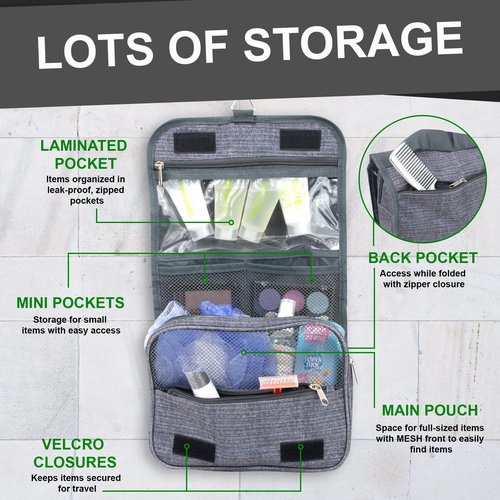 Summit Ridge Multi Pocket Hanging Toiletry Bag Travel Bag with Hanging Hook, Water-resistant Makeup Cosmetic Bag Travel Organizer for Accessories, Shampoo, Toiletries (Grey)