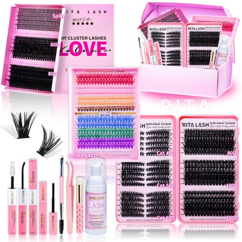Lash Clusters Kit Bulk 3D Effect Eyelash Clusters Kit Cat Eye Lashes Cluster Eyelash Extensions Pack Colored Lashes Cluster Pestañas Postizas Naturales+Bond&Seal,Remover,Tweezers,Cleanser(Lash Kit-7)