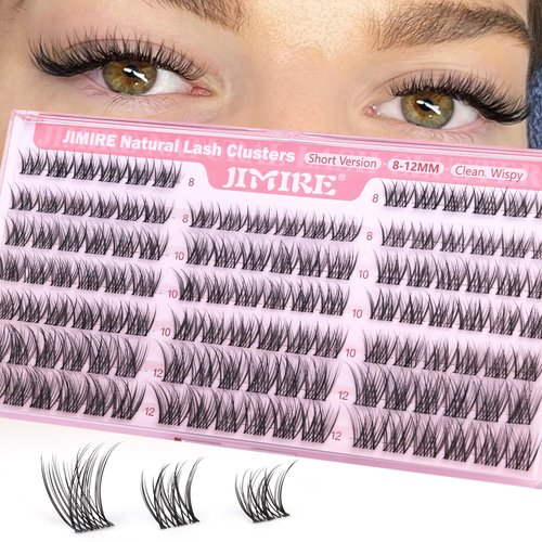 Natural Lash Clusters 8-12MM Short Eyelash Clusters Wispy Lashes Clusters with Clear Band C-Curly Cluster Eyelash Extensions 120Pcs DIY Lash Extensions at Home by JIMIRE