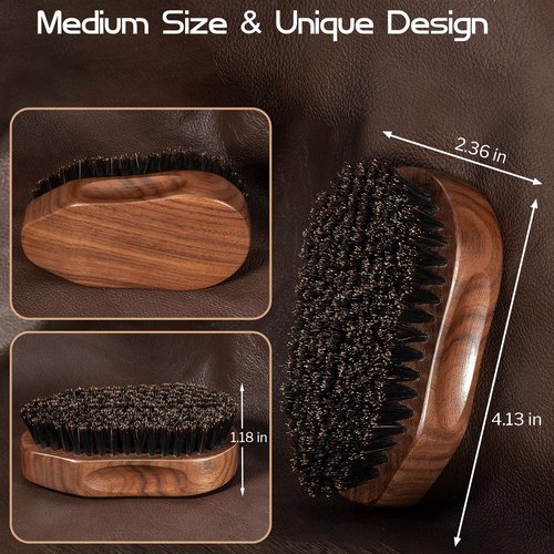 GROOMAGE Boar Bristle Beard Brush for Men, 4.2-Inch Black Walnut Wood Handle Military Style, Men's Natural Wooden Boar Bristles Mustache Brush