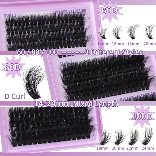 Lash Extension Kit 14-24mm Lash Clusters Kit 60D+80D+100D Thick Volume Eyelash Extension Kit D Curly DIY Individual Lashes 3 Style Lashes with Waterproof Lash Bond and Seal and Tweezers