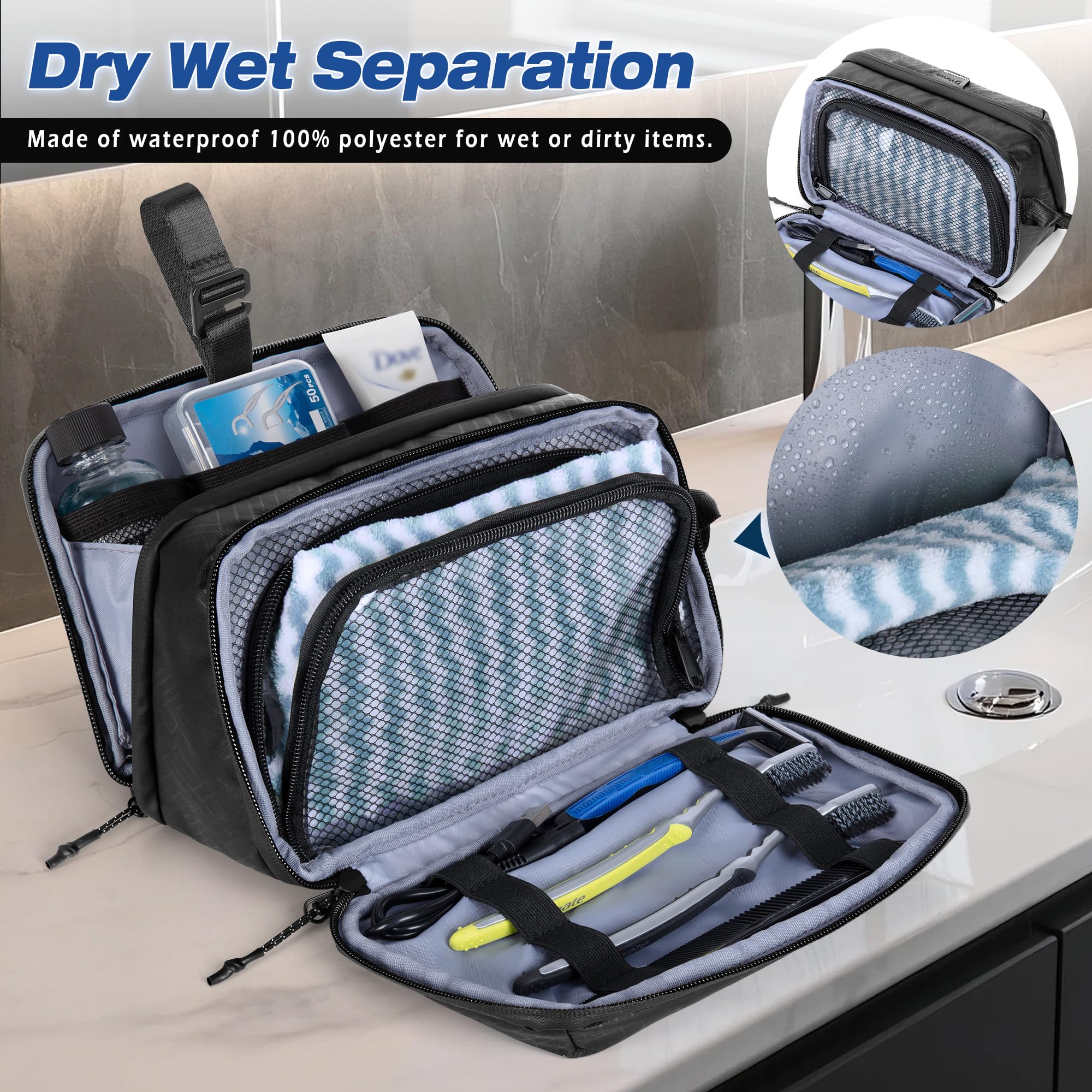 Yarwo Travel Toiletry Bag for Men, Hanging Dopp Kit Shaving Storage Case, Water-resistant Toiletry Organizer Hygiene Bag for Toiletries, Skincare, Razor, Makeup, Shower Essentials, Xmas Gift for Men