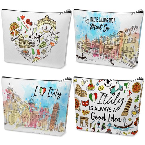 Kacctyen 4 Pack Italy Travel Gifts Cosmetic Bag for Women City Theme Makeup Bag with Zipper Italian Souvenir Gifts for Italy Lovers Travellers Women Girls