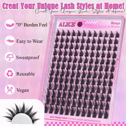 ALICE Manga Lash Clusters Wispy Cluster Eyelash Extensions with Spikes Anime Natural Eyelash Clusters Individual Lashes DIY at Home (144pcs/10-18mm/CD- Curly)