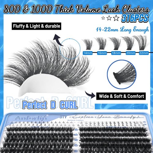 Lash Clusters Kit 316pcs Lash Extension Kit 80D+100D Lash Clusters with Bottom Lashes 14-22mm Thick Volume Individual Lashes DIY Lash Extension Kit by Anforlin