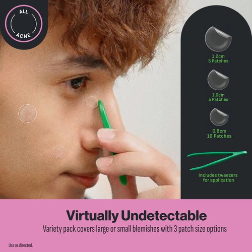 Oxy 8 IN 1 Pimple Acne Patches, Invisible, Sweat & Waterproof Hydrocolloid Zit Covers Protect & Shrink Pimples, Fast On Face & Body, 26 Count in 3 Sizes, Tweezers Included (3x26ct)