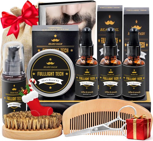 Beard Kit for Men Grooming & Care W/3 Pack Beard Oil, Wash, Balm, Comb, Brush, Scissors,Anniversary Valentines Birthday Fathers Gifts Idea for Husband Him Boyfriend Dad Men Christmas Stocking Stuffers