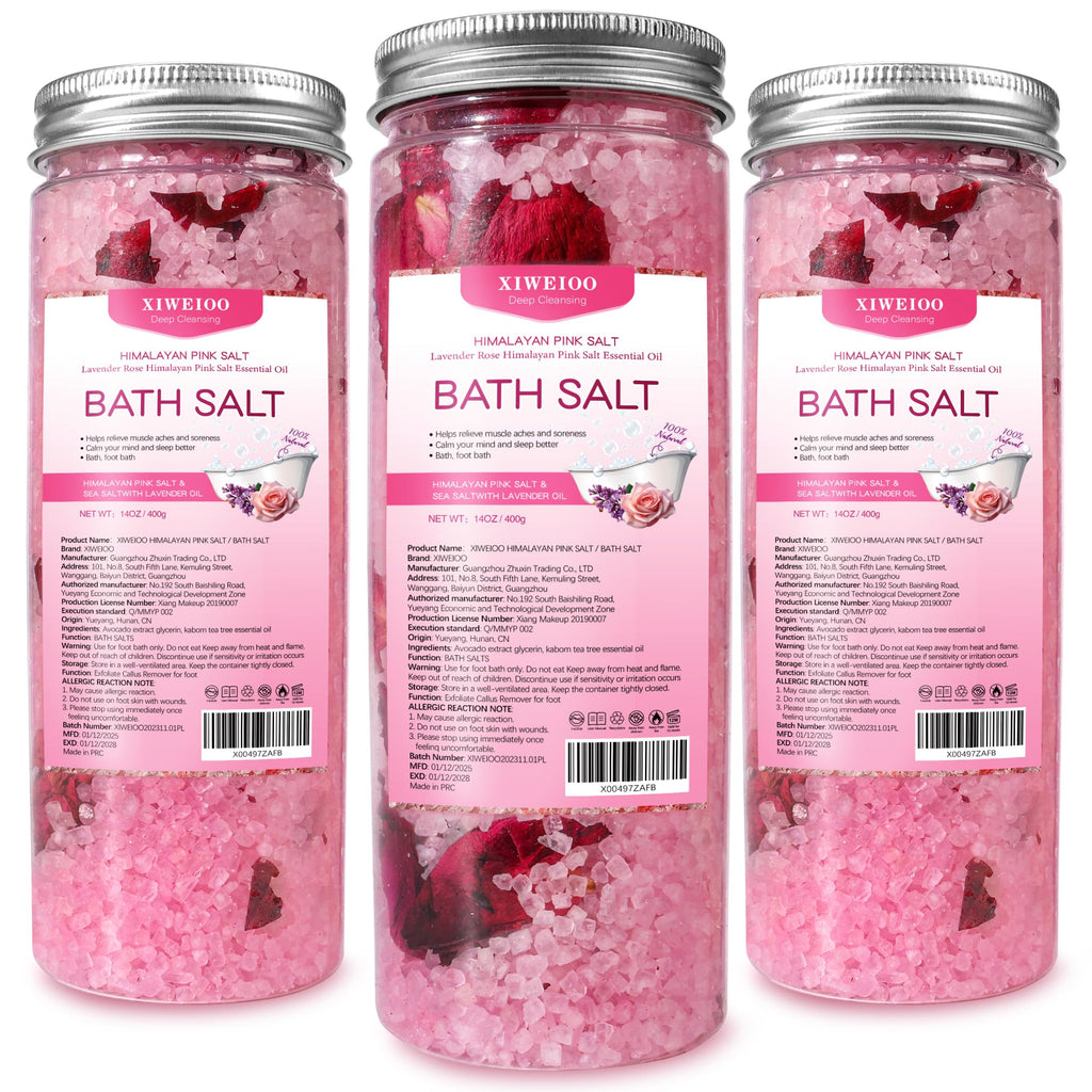 XIWEIOO Bath Salts Kit Pack of 3 Natural Himalayan Pink Salt Bath Salts Gift Set Soak Tea Tree Oil for Women Bath Sea Salts - Relaxing - Epsom Salt - Body Spa Care Relaxing Soaks