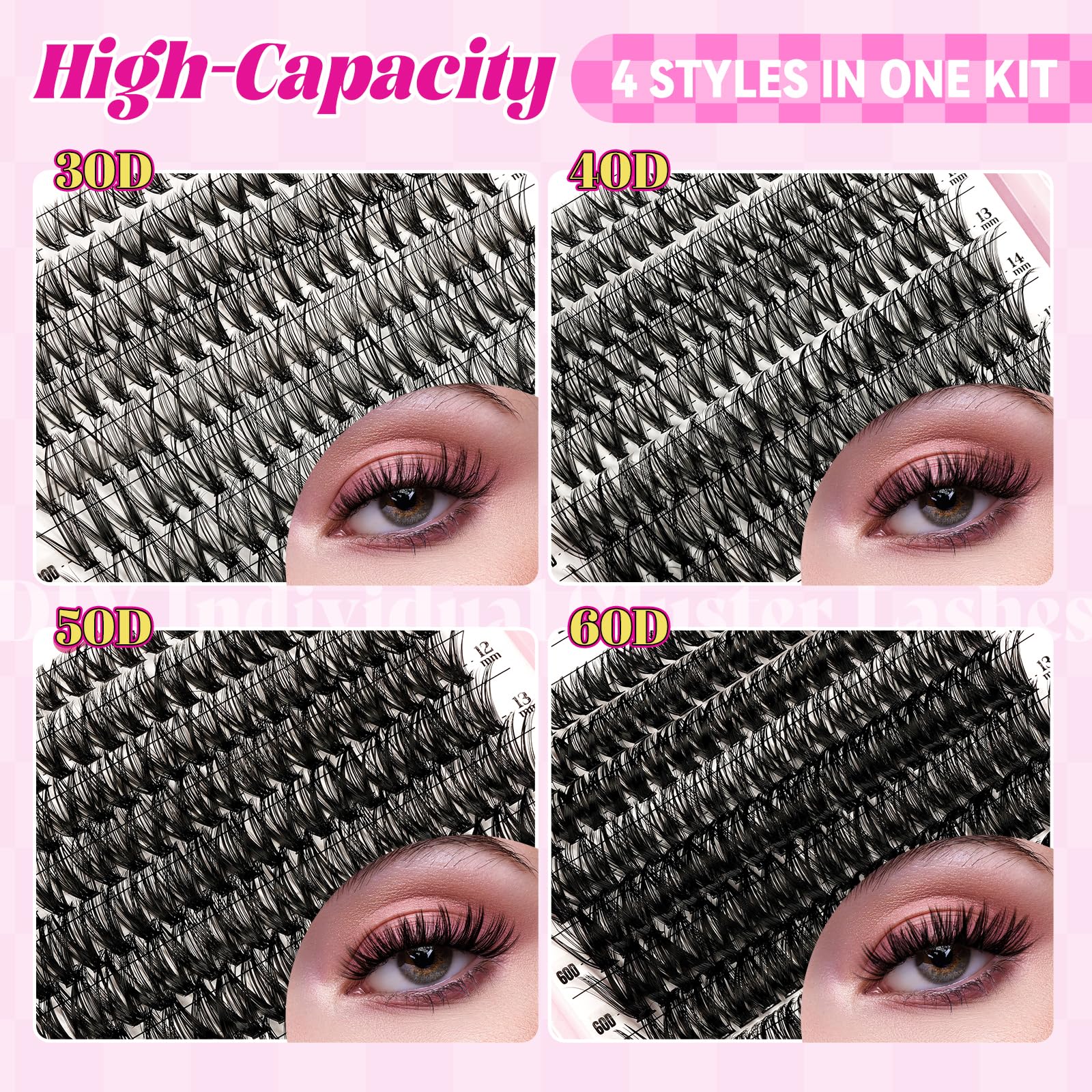 WLF Lash Clusters Kit 640 Pcs Lash Extension Kit Individual Lashes D Curl Clusters Eyelashes Extensions Kit with Lash Book Eyelash Bond and Seal Remover Tweezers Brush(Mix 9-16mm,30D+40D+50D+60D Kit)