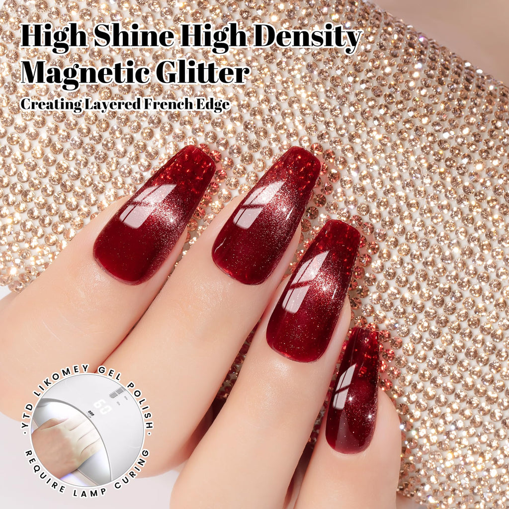 YTD Likomey Gel Nail Polish Set,Berry Red 2 Pcs 15ml Cat Eye Glitter and Translucent Blood Red Set,Fall Winter Magnetic Glitter Nude Neutral Jelly Fall Winter UV Varnish with Magnet Stick,0.5 Fl Oz