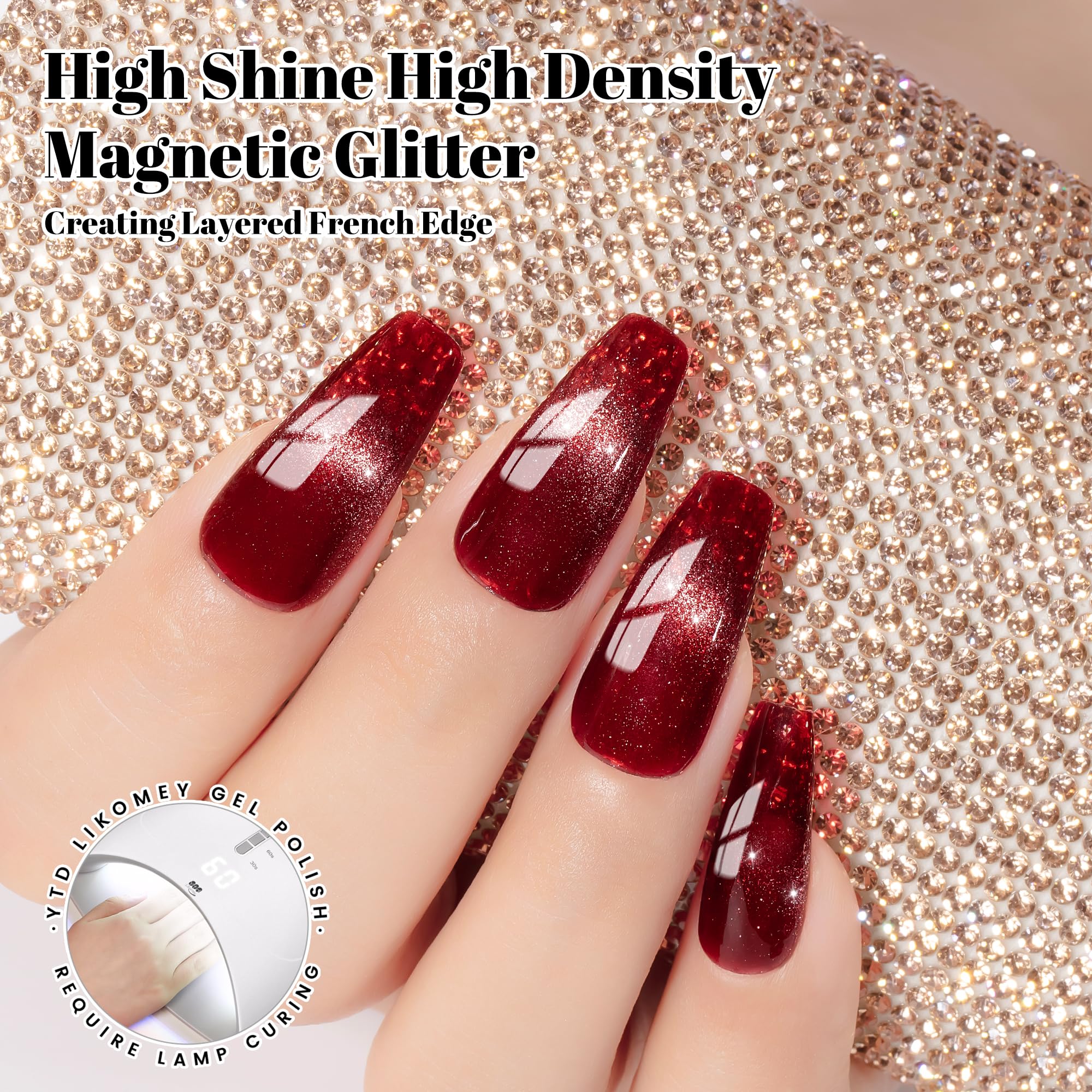 YTD Likomey Gel Nail Polish Set,Berry Red 2 Pcs 15ml Cat Eye Glitter and Translucent Blood Red Set,Fall Winter Magnetic Glitter Nude Neutral Jelly Fall Winter UV Varnish with Magnet Stick,0.5 Fl Oz