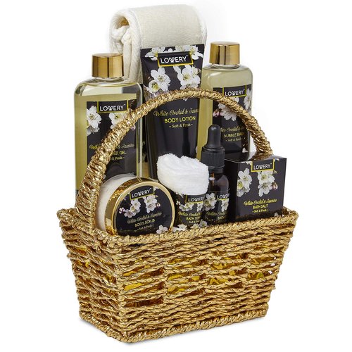 Gift Baskets for women Mom Gifts, Bath and Body Spa Set– Orchid & Jasmine Home Spa Set With Body Scrubs, Lotions, Oils, Gels and More - Care Package for Women & Men - 9 Piece Set