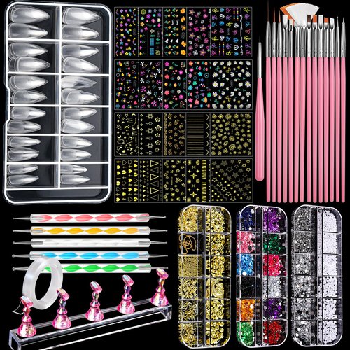 FANDAMEI Nail Art Brushes, Nail Art Kit with Nail Art Brush, Dotting Tools, Nail Rhinestones Pearls, Nail Charms and Gems, Nail Stickers for Women Decals, Nail Stand for Press on, Nail Design Kits
