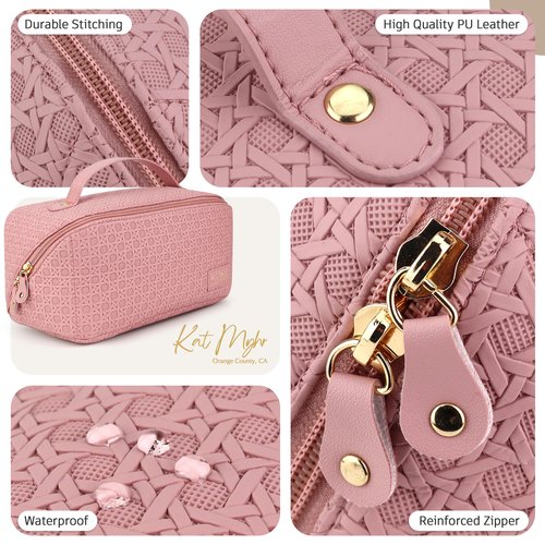 Kat Myhr Large Capacity Travel Cosmetic Bag With Handle and Divider - Waterproof Makeup Organizer for Women - Cute Pink Make Up Bag
