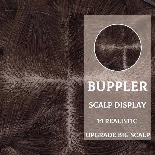 BUPPLER Hair Toppers for Women Real Human Hair-U Shape Toppers Hair Pieces for Women with Thinning Hairr 150% Density Silk Base Clip in Human Topper with Bangs for Daily Use(Dark Brown