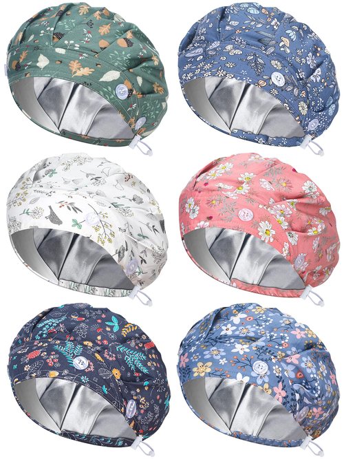 Floraltop 6 Pcs Satin Lined Scrub Caps Women Nurse Surgical Hat with Buttons Ponytail Working Adjustable Pouch Tie Back(Classic Style)