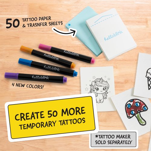 Hello Blink Tattoo Maker Refill Pack – Makes 50 Tattoos - 4 New Markers – Cosmetic Grade, FDA-Compliant DIY Kit for Kids Ages 8+