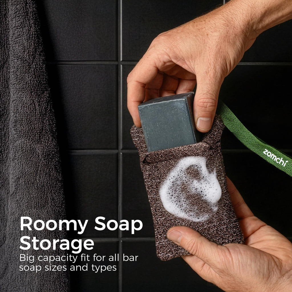 ZOMCHI Bar Soap Saver Bags, 2 Pieces Exfoliating Soap Bag with Different Roughness, Soap Bar Loofah for Men and Women, Body Scrubber Exfoliator for Smooth Clean Skin (Brown)