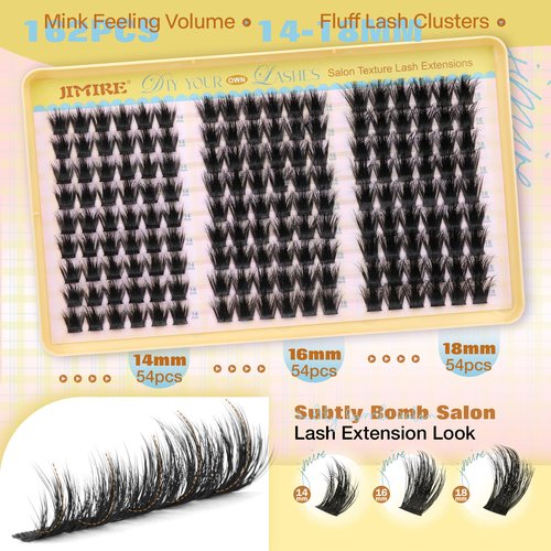 JIMIRE Manga Lash Clusters Wispy Fluffy Cluster Eyelash Extensions CC Curly 14-18MM Fluffy Eyelash Clusters Easy to Apply DIY Thick Volume Individual Lashes Extensions at Home 162Pcs Pack
