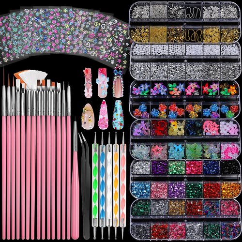 FANDAMEI Nail Charms and Nail Brushes, Nail Accessories Kit with 15 Pcs Nail Art Brushes, 6 Box Nail Charms and Gems, 10 Pcs Flower Nail Stickers, 5 Pcs Dotting Tools, Nail Art Kit with Nail Brush