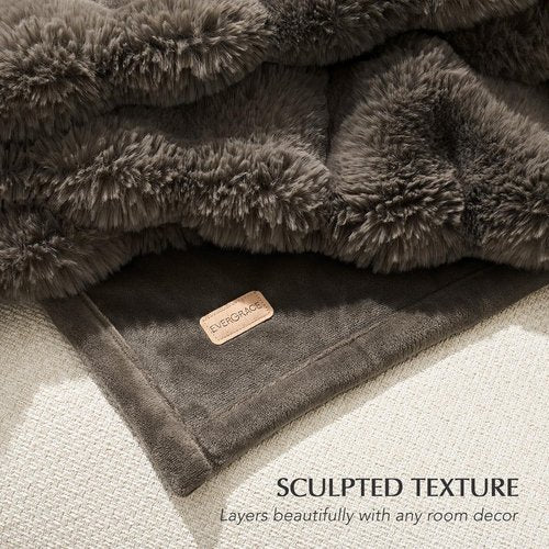 EverGrace Ultra Soft Faux Rabbit Fur Throw Blanket - Thick & Cozy Reversible Design, Dark Taupe, 60x80 Inches