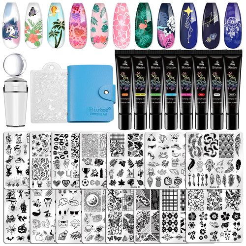 Biutee Nail Stamper Kit 15pcs Nail Art Stamp Plate 8pcs Stamp Gel Polish 1pcs Nail Stamper Scraper Set with Storage Bag, Nail Stamp Template Kit Valentine's Day Flower Lace Animal Star Design