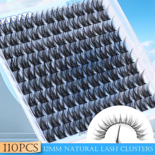 PHKERATA 12mm Wispy Lash Clusters Natural Cluster Eyelash Extensions DIY Individual Lashes C Curvature Eyelash Clusters for Daily Wear with Soft Lash Band