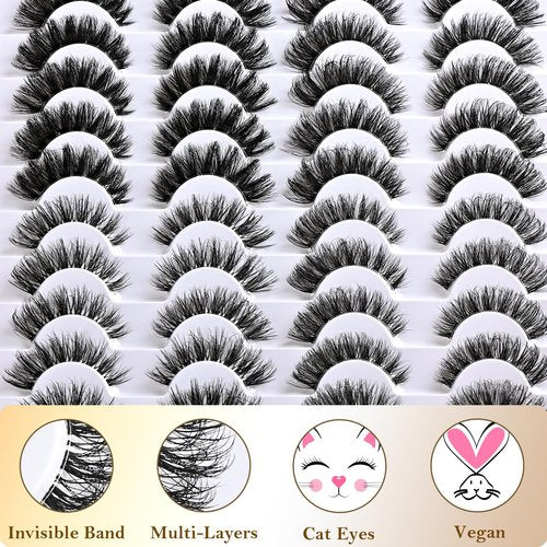 QUNETY Lashes False Eyelashes Cat Eye Lash Strips Variety Styles Clear Band Wispy Eyelash Pack 20 Pairs Fluffy Fake Strip Lash Bulk Natural Look Cateye Mink EyeLash Set Short Demi Wispies Pestañas