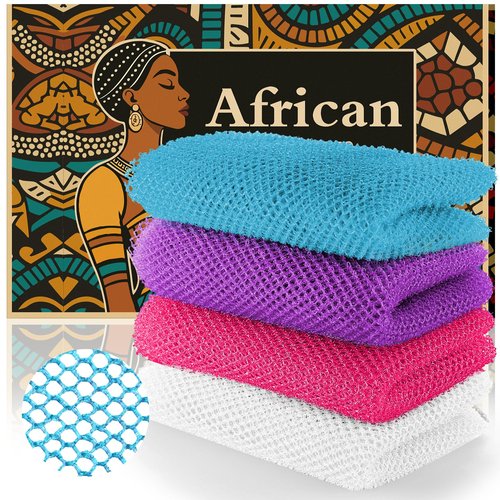 SpiralScgv African Bath Sponge 4 Pieces - Net Exfoliator for Glowing Skin, Long-Lasting Nylon Mesh Scrubber, Gentle Enough for Daily Use (White, Rose Red, Purple, Blue)