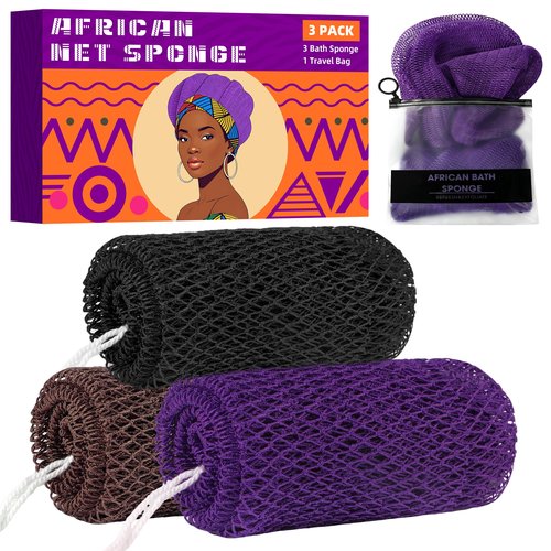 African Net Sponge Authentic, 3 Pieces Exfoliating Scrubber Bath Sponge for All Skin Types, Back Scrubber Loofah Washcloth for Shower, Gentle Exfoliation (Brown,Purple,Black)