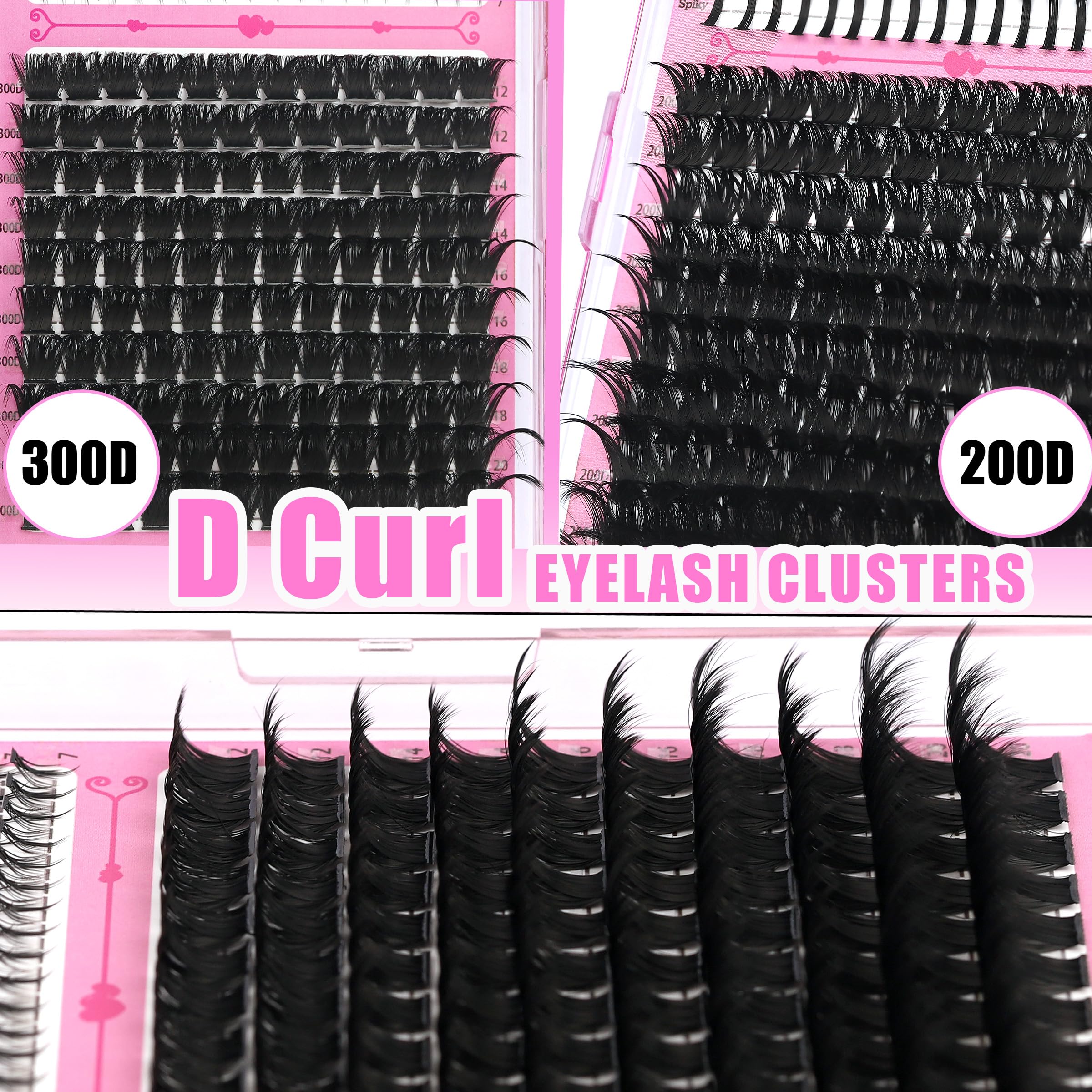 YIDUO Lash Clusters Kit 200D+300D+Spikes+Bottom Cluster Lashes Extensions Kit with Lash Bond and Seal |Tweezers |Removers |Eyebrow Brush (200D+300D-10-18MIX Thick Kit)
