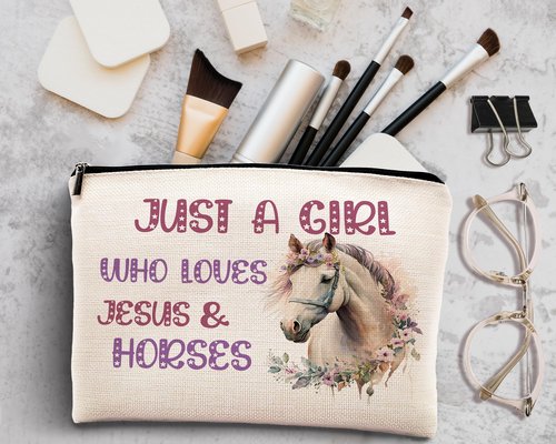 kdqua Horse Gifts for Girls Horses Makeup Bag, Just a Girl Who Loves Horses, Pink Funny Gifts for Horse Lovers women, Cowgirl Equestrian Gifts Linen Cosmetic Bag Zipper Pouch Travel Toiletry Bag