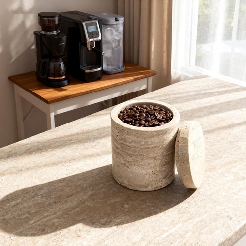 Natural Marble Canister - Elegant Cotton Swab Holder with Lid | Beige White Travertine Design