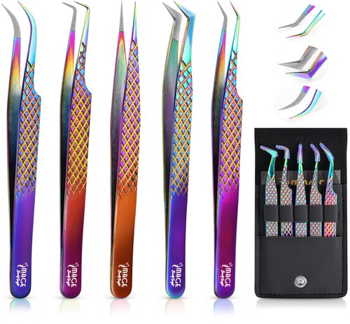 5 Pcs Fiber-Tip Japanese Steel Lash Tweezer Set with Leather Case, Professional Eyelash Tweezers for Lash Extensions – Titanium Coated, 90 & 45 Angled, Precision Pointed Tweezers (Rainbow Color)