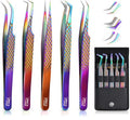 5 Pcs Fiber-Tip Japanese Steel Lash Tweezer Set with Leather Case, Professional Eyelash Tweezers for Lash Extensions – Titanium Coated, 90 & 45 Angled, Precision Pointed Tweezers (Rainbow Color)