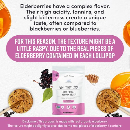 MommaBear Natural Sore Throat Care Lollipops - Organic Elderberry & Honey Kids Cough Relief | 10 Pack