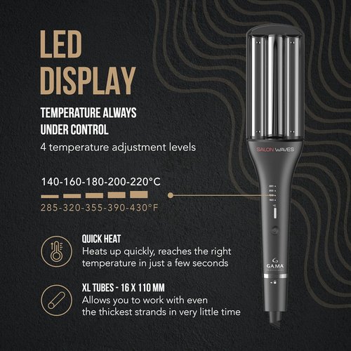 GA.MA Salon Waves Curling Iron - Adjustable 4-Size Titanium Wave Barrels (0.67–0.98″) with LED Display & Auto-Off