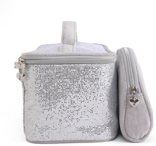 Juicy Couture Silver Sparkle Makeup Bag Set - Travel Essentials Organizer with Glitter & Rhinestones