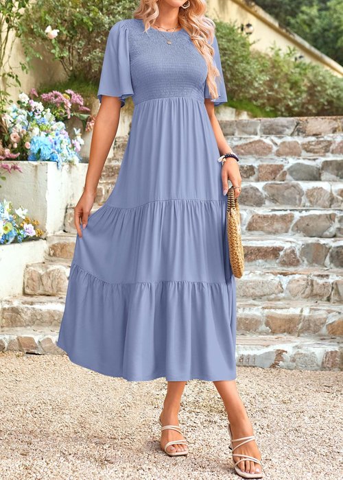 KIRUNDO Casual Summer Dresses for Women 2026 Flutter Short Sleeve Midi Dress Smocked Modest Church A Line Flowy Ruffle Tiered Dress Resort Wear(XX-Large, Light Blue)