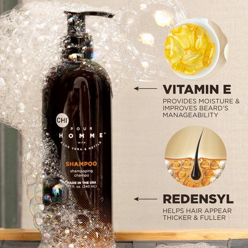 CHI Pour Homme Moisturizing Daily Shampoo for Men, Sulfate-Free Hair Cleanser with Aloe Vera & Nettle, Hydrates & Fortifies for Thicker, Healthier Hair, Fresh Woody Scent, 25 oz
