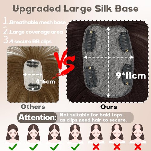 BUPPLER Hair Toppers for Women Real Human Hair-U Shape Toppers Hair Pieces for Women with Thinning Hairr 150% Density Silk Base Clip in Human Topper with Bangs for Daily Use(Dark Brown