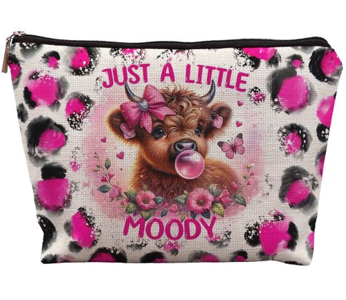 Uinwk Hot Pink Leopard Highland Cow Makeup Bag, Gifts for Women, Western Cosmetic Pouch, Just a Little Moody Cute Cow Lovers Stuff