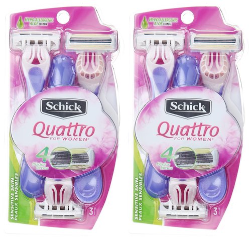 Schick Quattro Womens Disposable Razors for Sensitive Skin, 3 Count, Pack of 2