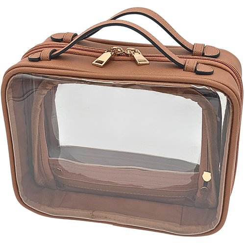 JAZD Clear Makeup Bag Toiletry Bag for Women Cosmetic Case Large Capacity Travel Make Up Bag Organizer Transparent Storage Compartment TSA Approved (BROWN)
