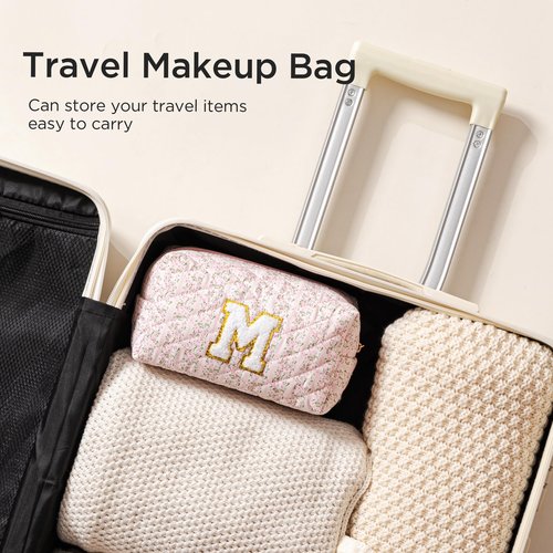 HBselect Initial Makeup Bag for Women, Pink Cosmetic Travel Toiletry Bag, Flowers Zipper Make Up Pouch Organizer Teen Girl Gifts Trendy Stuff L