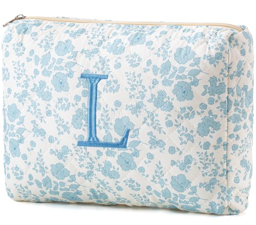 HBselect Initial Quilted Makeup Bag, Cotton Large Travel Makeup Bag, Cute Floral Coquette Make up Bag Cosmetic Bag Toiletry Bag for Women Girls L