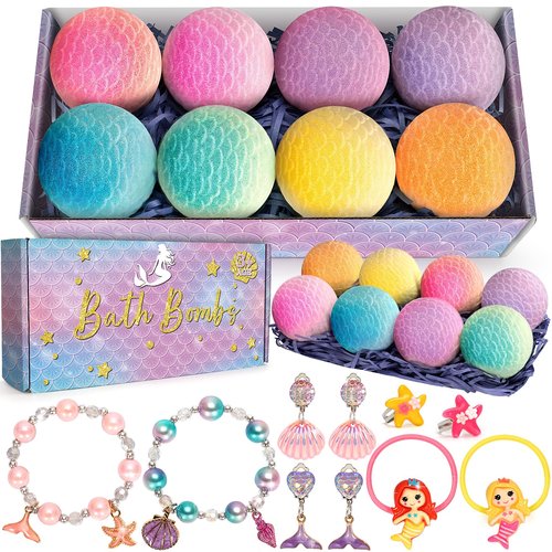 8 Packs Mermaid Bath Bombs for Kids Girls, Bubble Bath Bomb Kit with Surprise Toys Inside, Bath Toys for Kids Aged 4-8, Ideal Birthday Easter Stocking Stuffers for Girls 3 4 5 6